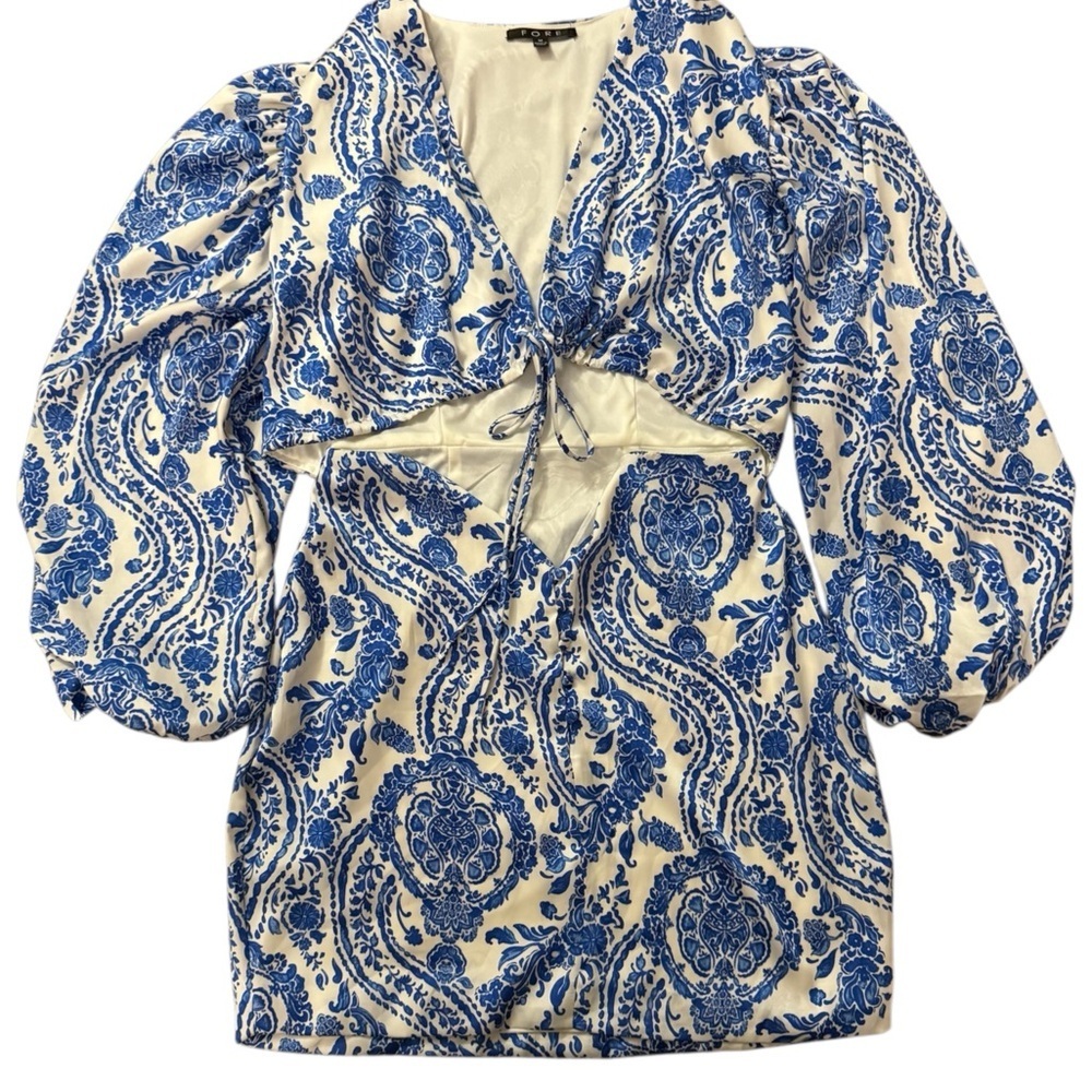 FORE Blue White Porcelain Print Cutout Mini Dress Boho Balloon Sleeve Size M